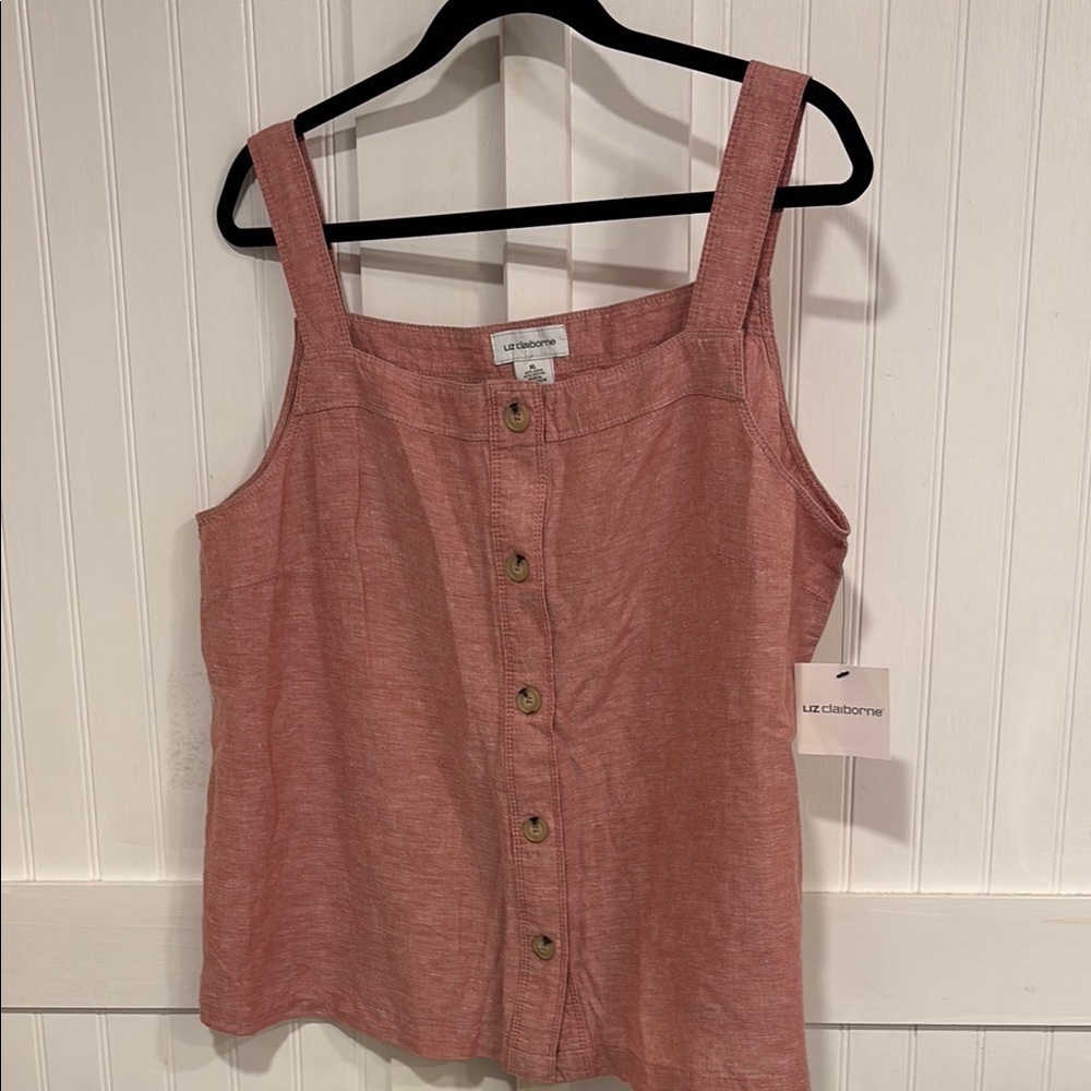Liz Claiborne Pink Button-Down sleeveless, linen/cotton blend, cute Top size XL